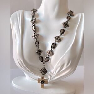 Modernist or Brutalist Aztec Tribal Metal Chain wooden cross necklace